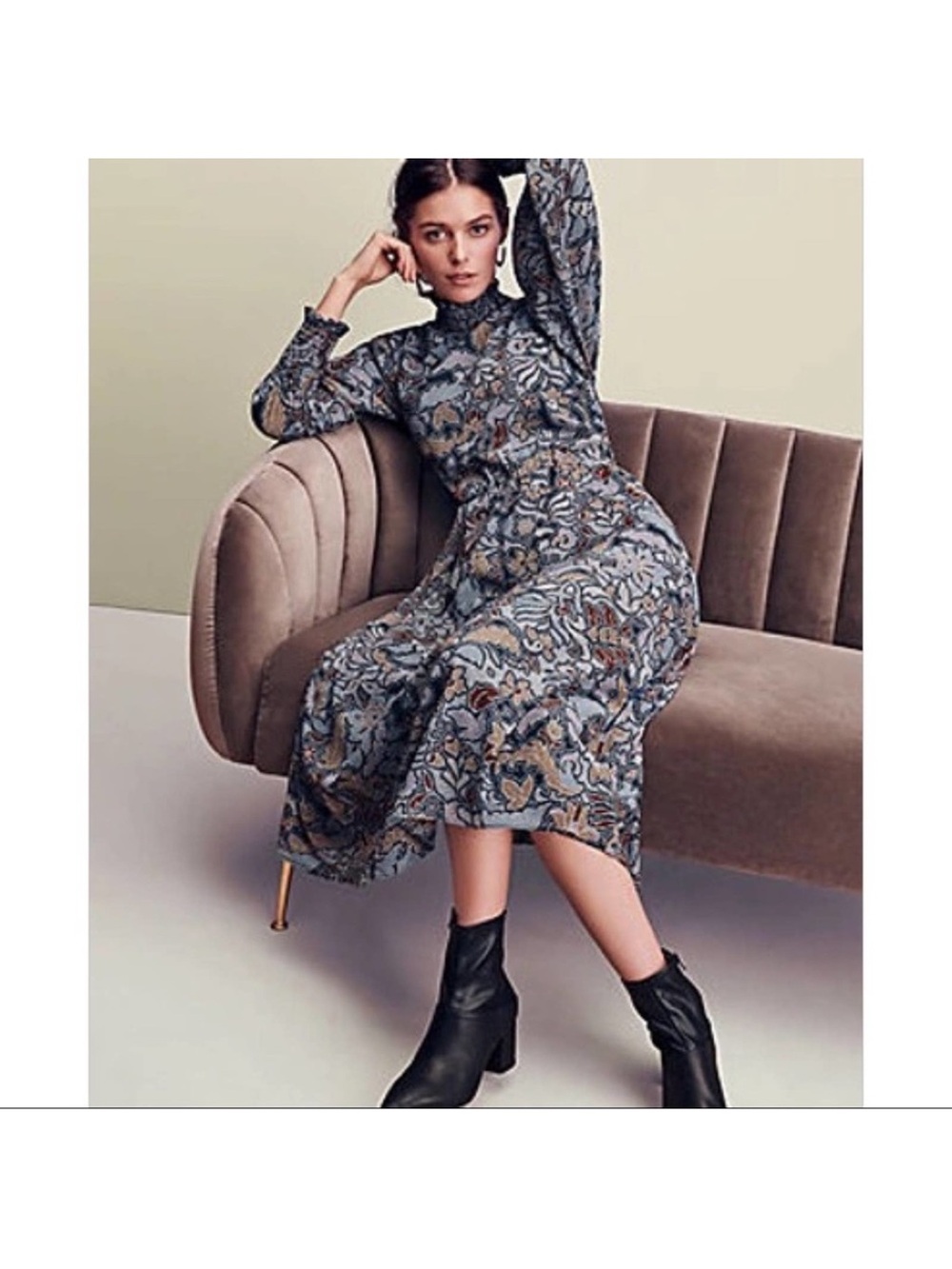 Ann Taylor Long Sleeve Floral Paisley Midi Dress in Blue and Brown 🌹